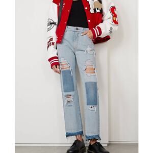 Monse Light Wash Distressed Patchwork High Rise Straight-Leg Jeans`